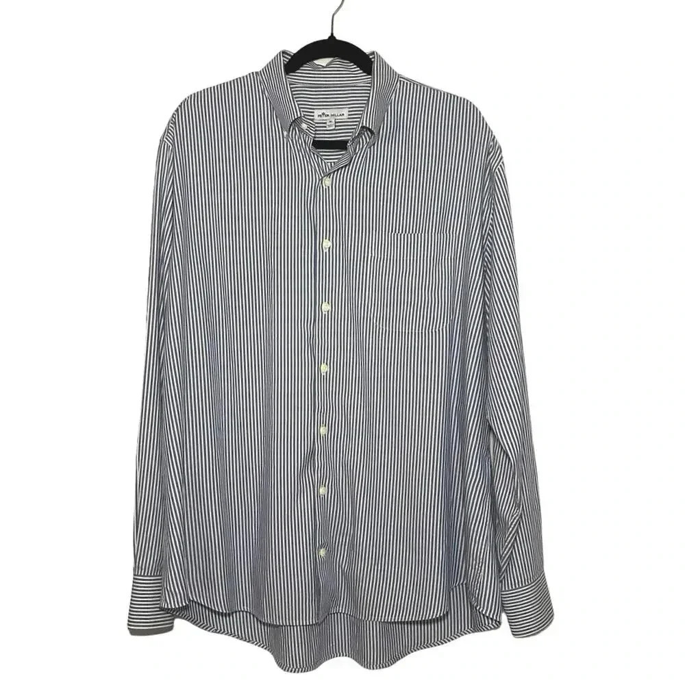Peter Millar Men’s Striped Button Down Dress Shirt Blue & White Size XL